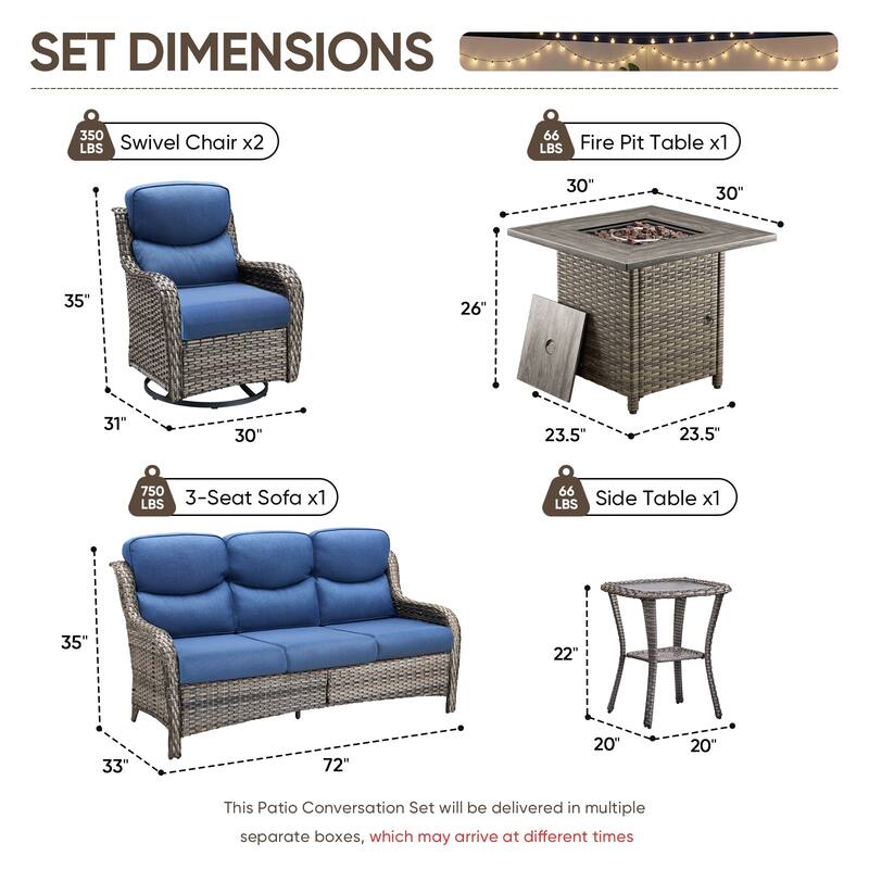 Pocassy Outdoor Propane Fire Table with Sofa Swivel Chair Table Funiture Set.