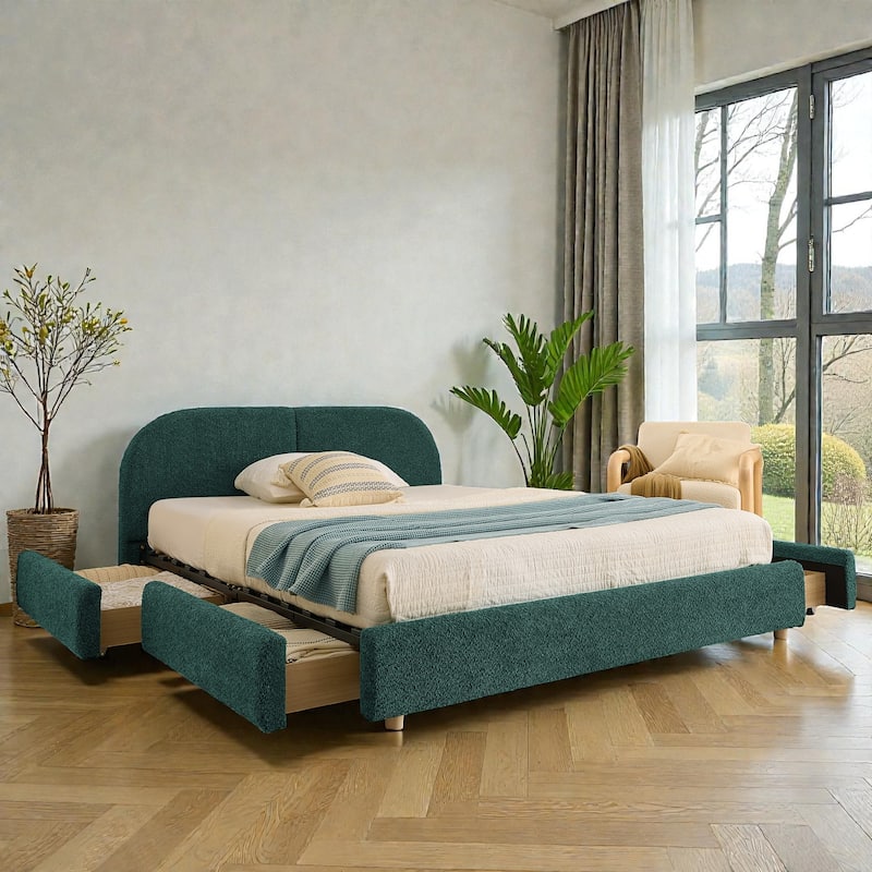 Upholstered Bed Frame with Tall Curved Headboard and Storage Drawers, Modern Minimalist Platform Bed No Box Spring