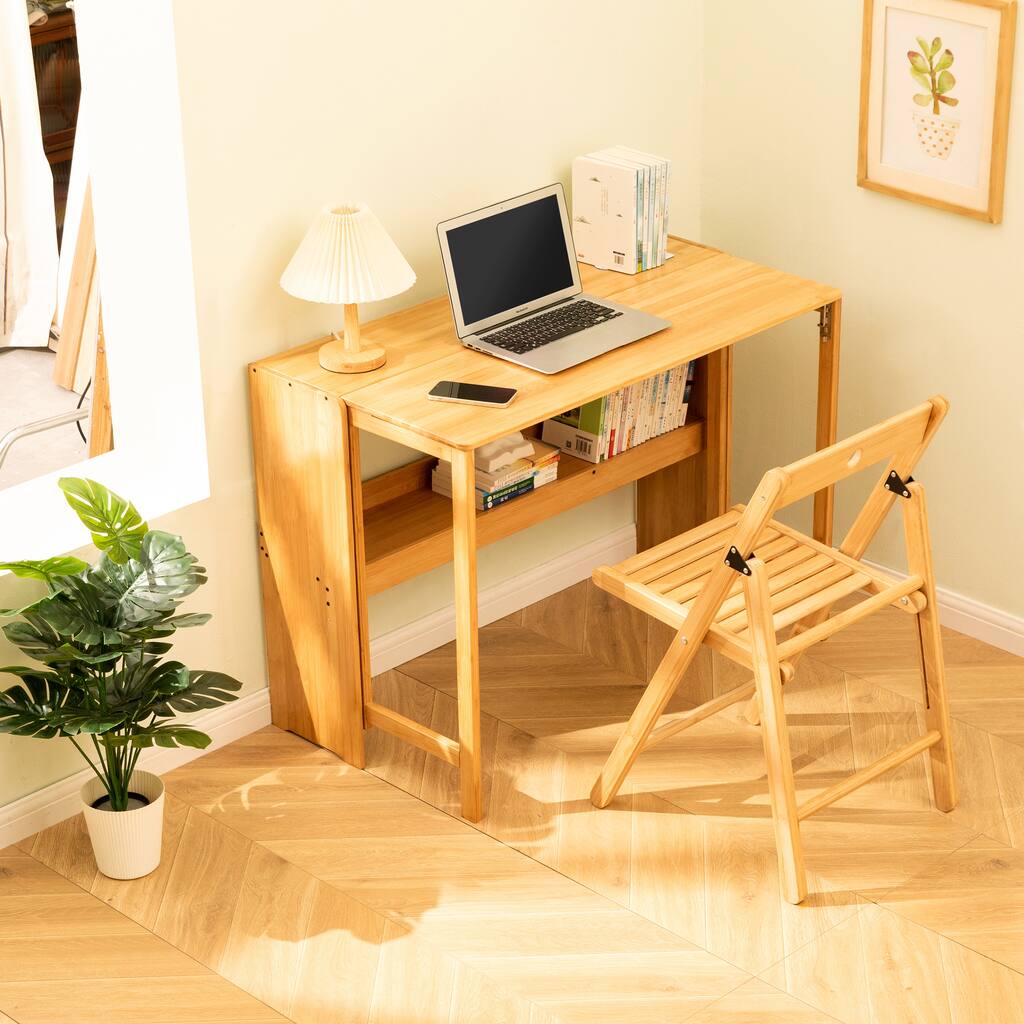 Bamboo Folding Desk, Space-Saving Computer Desk for Small Spaces, Foldable Study Table for Bedroom, Home Office