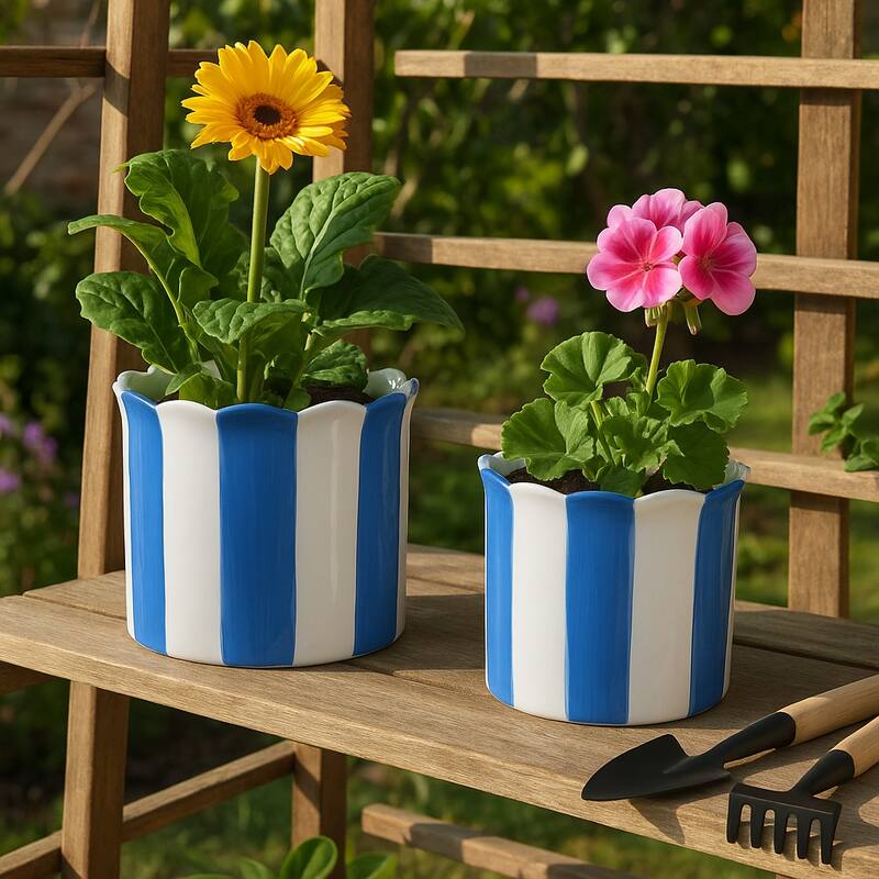 Ceramic Striped Flower Pots with Scalloped Edge - Set 2, 8", 6" - 8.0"