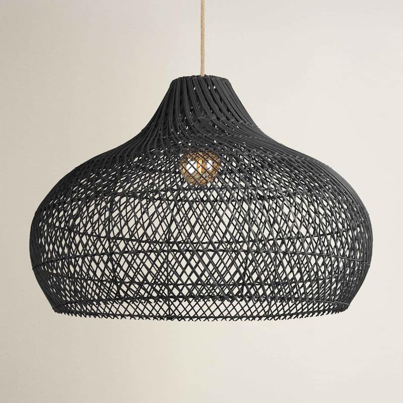Latigo Rattan Pendant Light - Black Dome 1-Light Handwoven Light Fixture For Modern, Transitional, Farmhouse Room Decor