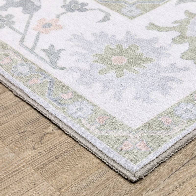 Ainsley Floral Traditional Blue/ Green Printed Washable Flat Pile Area Rug