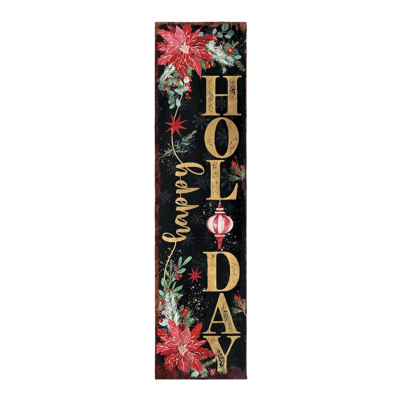 HomeRoots 36" Black Gold Green And Red Solid Wood Happy Holidays Christmas Poinsettia Porch Sign