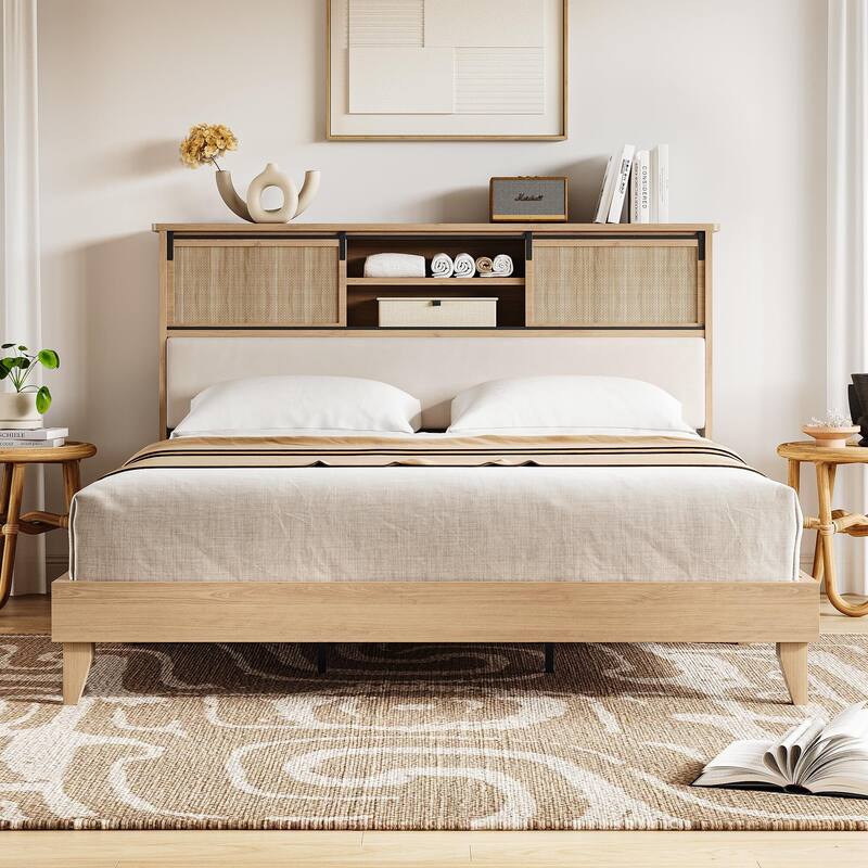 Rattan Bed Frame with Headboard & Sliding Door Shelf