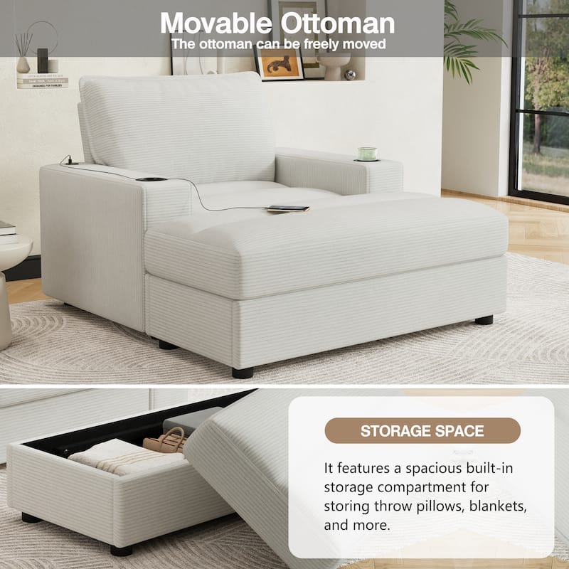 Oversized 42.8" Chaise Lounge Chair with Storage Ottoman, Corduroy Sleeper Chair with Cup Holders & USB Port for Living Room