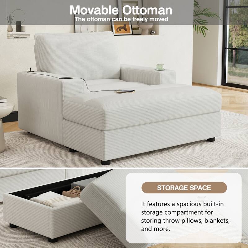 Roomfitters Oversized Chaise Lounge Chair with Storage Ottoman and Built-in USB Charging Port, Corduroy Sleeper Couch