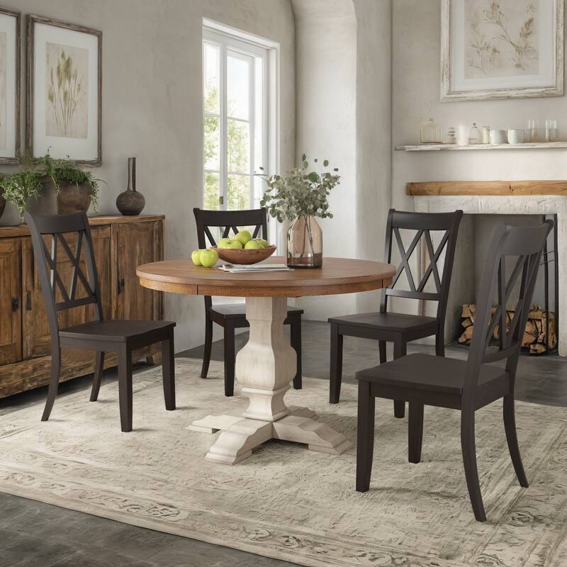 Ronda 45" Round Solid Wood Top Dining Set with X-Back Chairs - Antique White Table - Antique Black Chairs