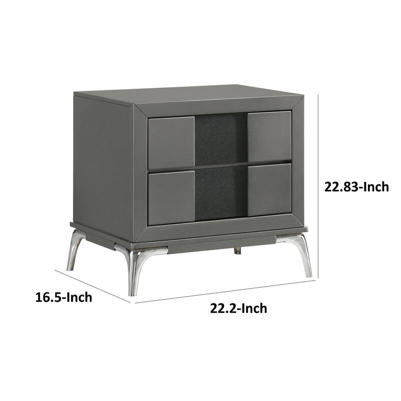 Rya 23 Inch Modern Nightstand with 2 Drawers, Gray Wood, Angled Chrome Legs