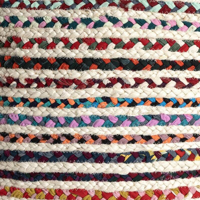 HomeRoots 18" Natural and Rainbow Braided Jute Blend Striped Pouf Ottoman