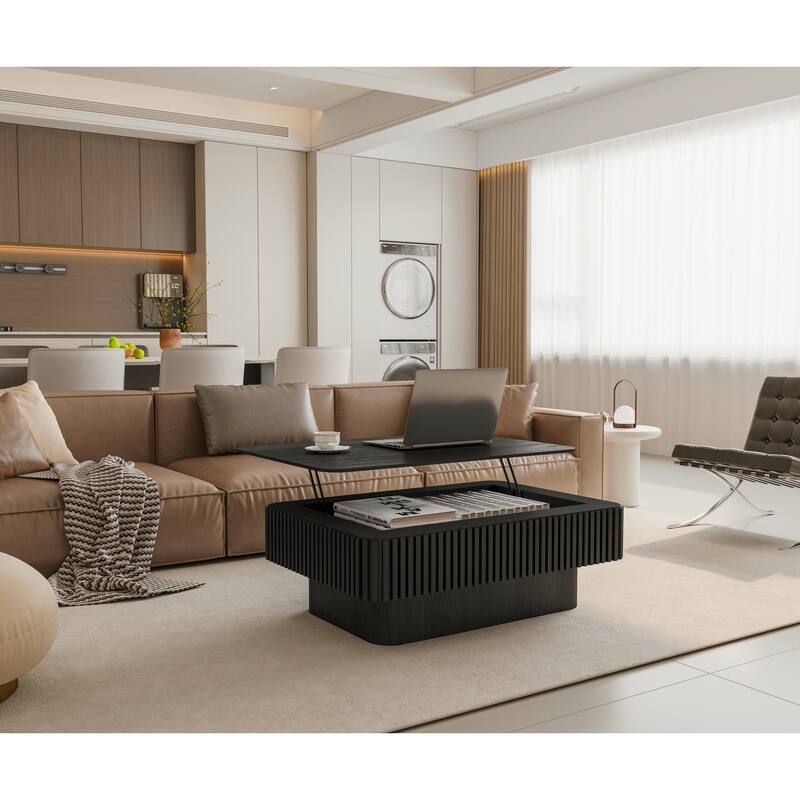 Fluted 38.6" Lift-top Coffee Table, Solid Wood Modern Accent Table with Storage and Adjustable Height