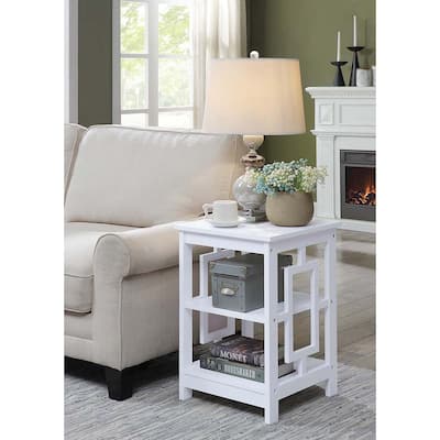 Town Square End Table with Large Surface and Two Open Shelves, Symmetrical Frame Design, MDF Accent Side Table for Home Use