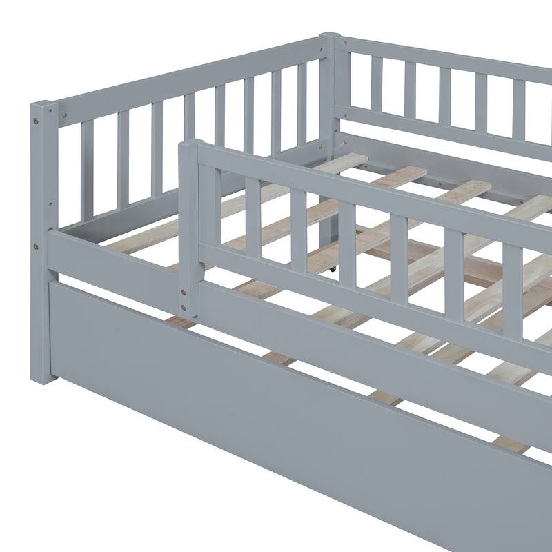 Twin Size Wood Daybed with Pull-Out Trundle and Safety Guardrails in Gray