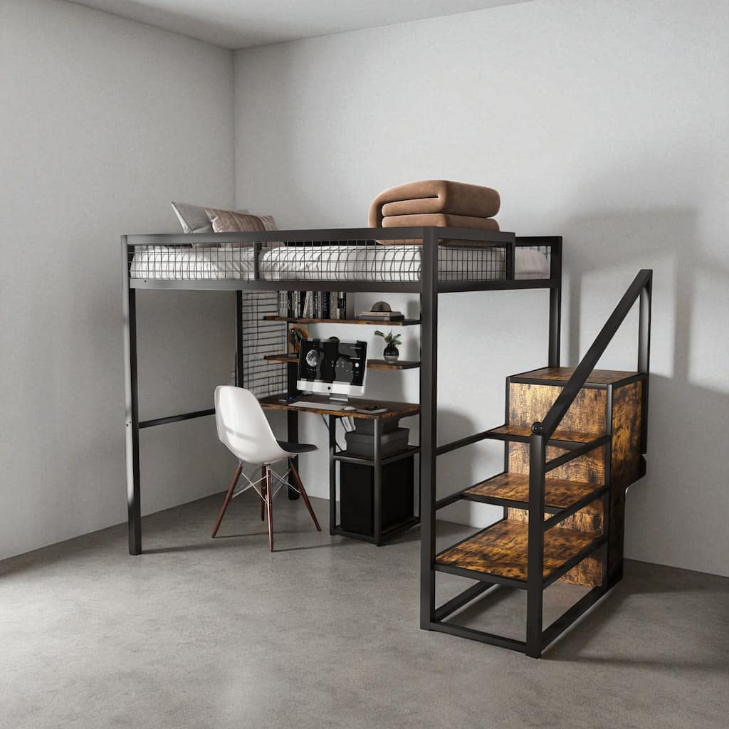 Full Size Metal Loft Bed with Desk, USB Outlets, Staircase Storage, Wardrobe, Shelves & Gaming Workstation for Teens/Adults