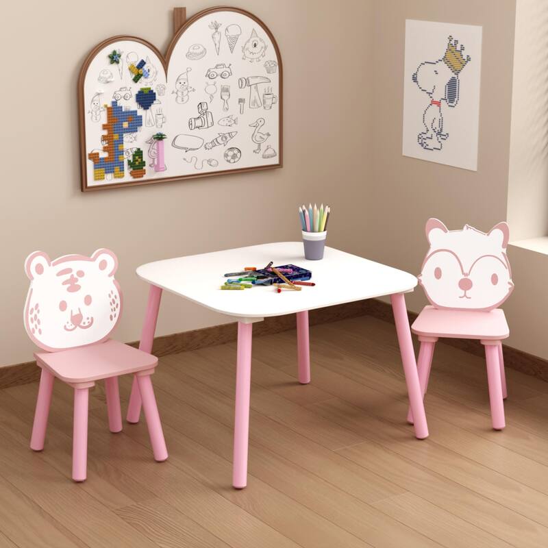 Anmytek Toddler 3-Piece Wooden Table and Chair Set Kids Activity Desk with Animal Backrest for Playroom Nursery - Pink
