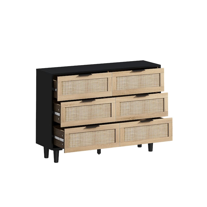 Rattan 6-Drawer Double Dresser, Storage Cabinet for Bedroom, Living Room