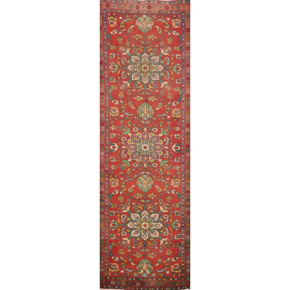 Hand Knotted Oriental 100% Wool Carpet Traditional Floral Red Tabriz Runner Rug - 10' 10'' X 2' 10''