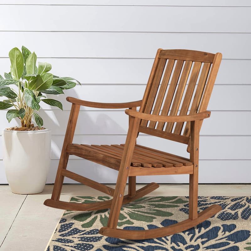Perry Classic Slat-Back 300-Lbs Support Acacia Wood Patio Outdoor Rocking Chair, by JONATHAN Y - 22.4" - Teak