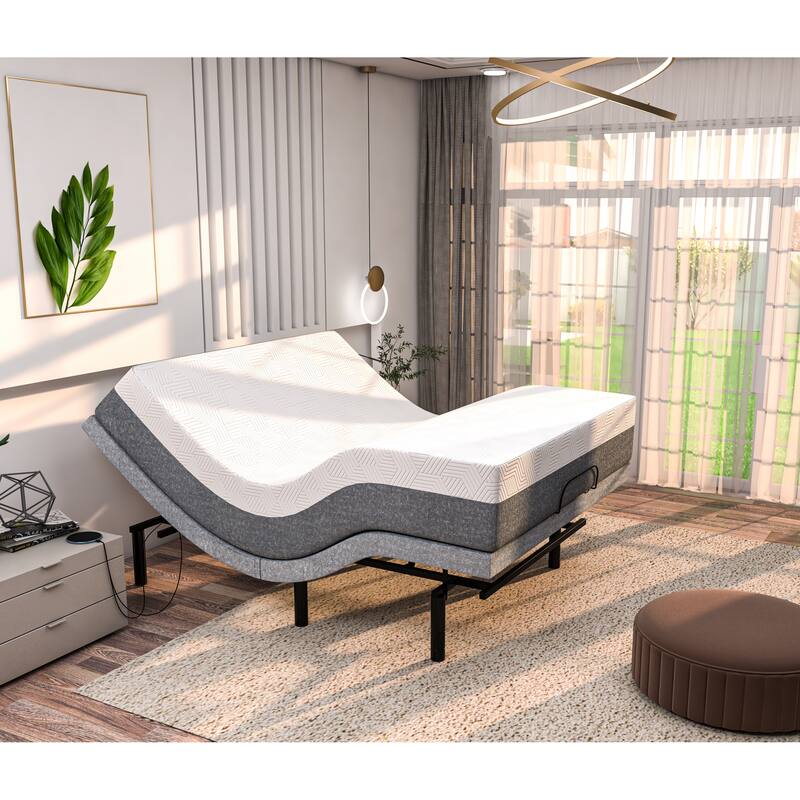 Renanim Adjustable Bed Frame with Medium Gel Memory Foam Mattress, Dual Massage, USB Ports, App, Remote - Black - Queen