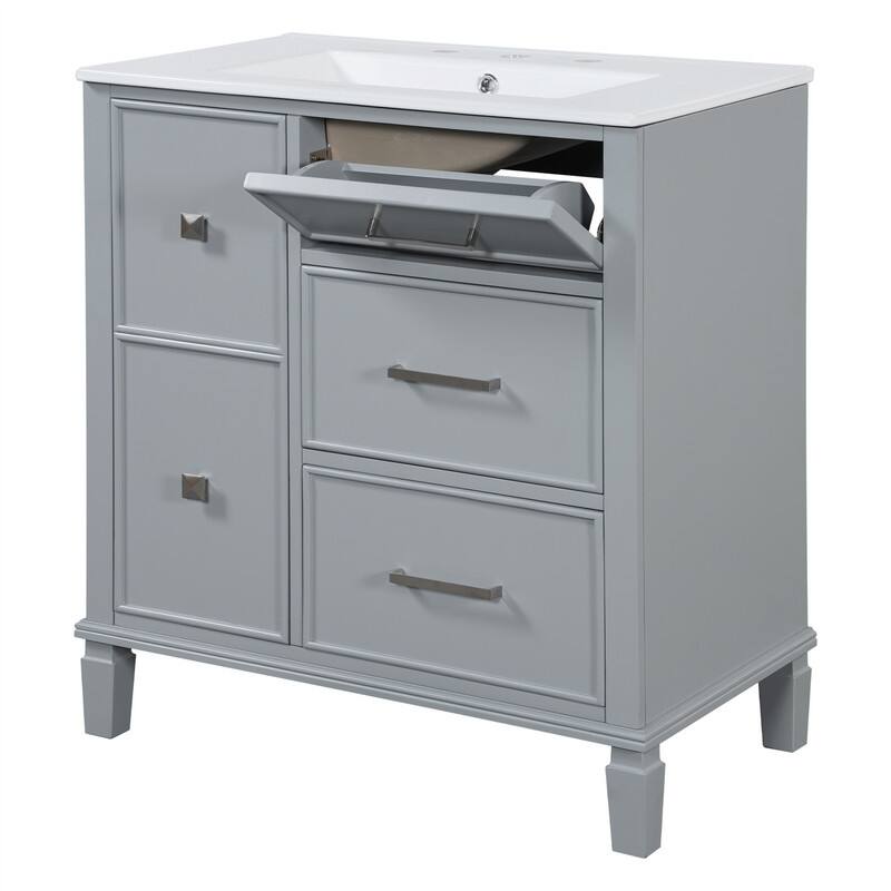 30'' Bathroom Vanity with Ceramic Sink, Freestanding Bathroom Vanity Cabinet with 3 Soft Close Drawers and 1 Flip-Out Drawer