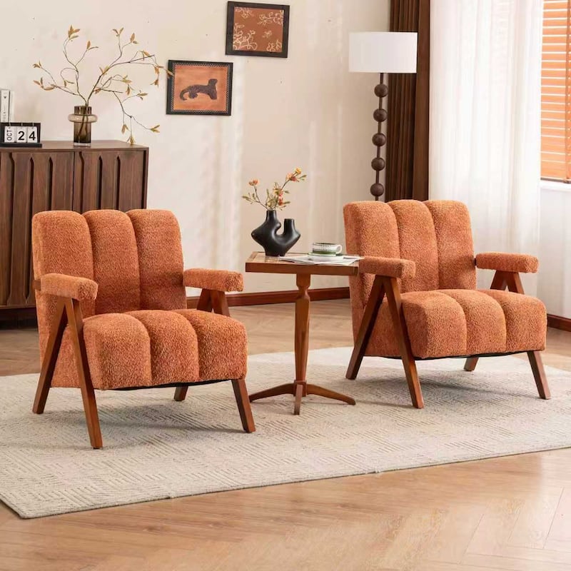 Mid Century Modern Accent Chair, Chenille Armchair with Solid Wood Legs, Channel Tufted Comfy Reading Chair for Living Room