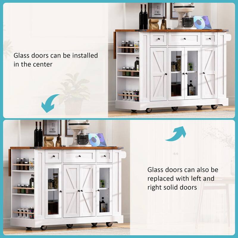 53'' Rolling Farmhouse Kitchen Island - Two Glass Cabinet Doors with Power Outlet