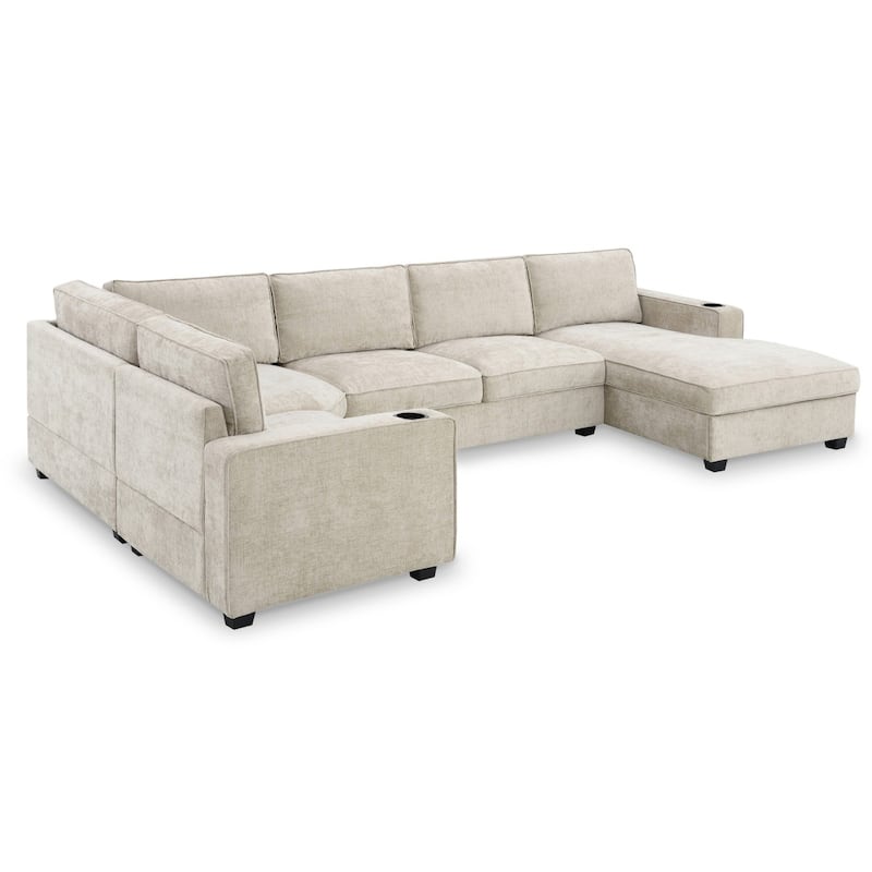 119" U-Shaped Chenille Sectional Sofa with Chaise and Cup Holders