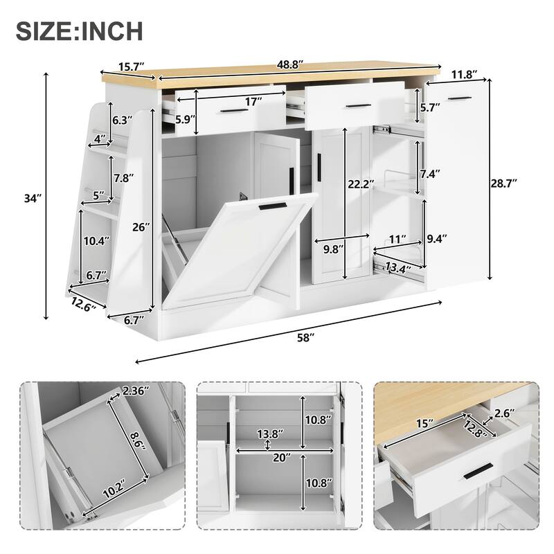 Kitchen Island, Multi-Functional Kitchen Sideboard - Storage Cabinet with Trash Can Holder, Sliding Door & 3-Tier Spice Rack