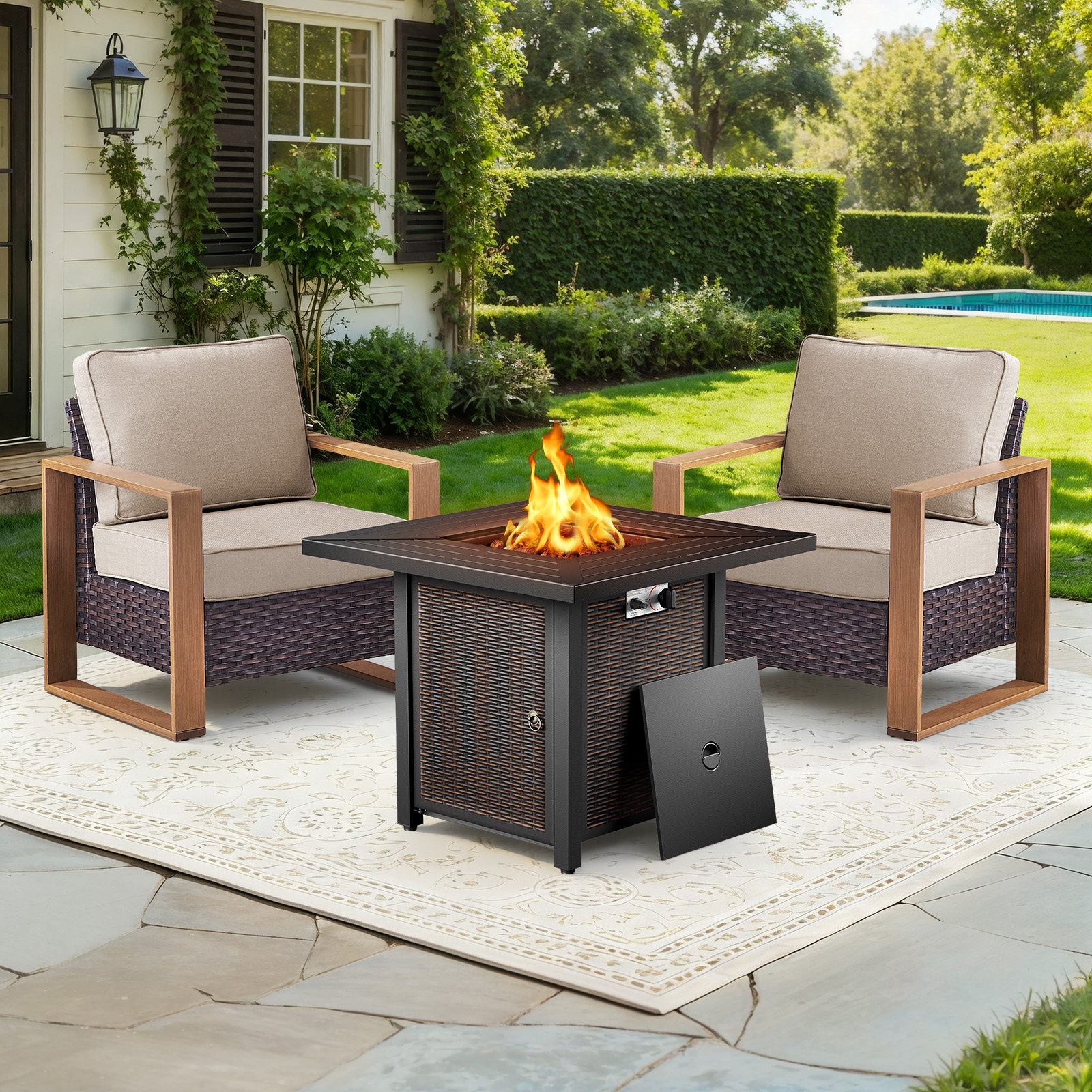 Meyreso 3-Piece Wicker Patio Conversation Set with Metal Fire Pit & Plush 4.5" Olefin Cushions