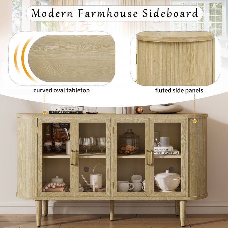 Wooden Farmhouse-Style Sideboard Buffet Cabinet with Glass Doors and Adjustable Shelves for Kitchen, Dining Room.
