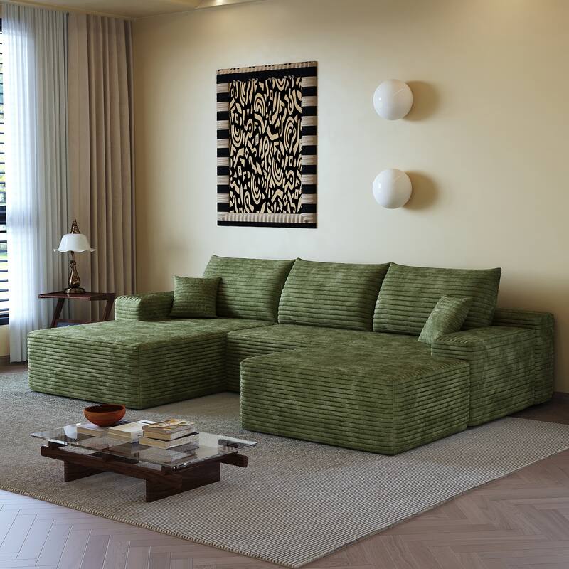 U-Shape Modular Sectional Sofa with Chaise & Ottoman, Corduroy Boneless Cloud Sofa, Corner Upholstered Sleeper Sofa