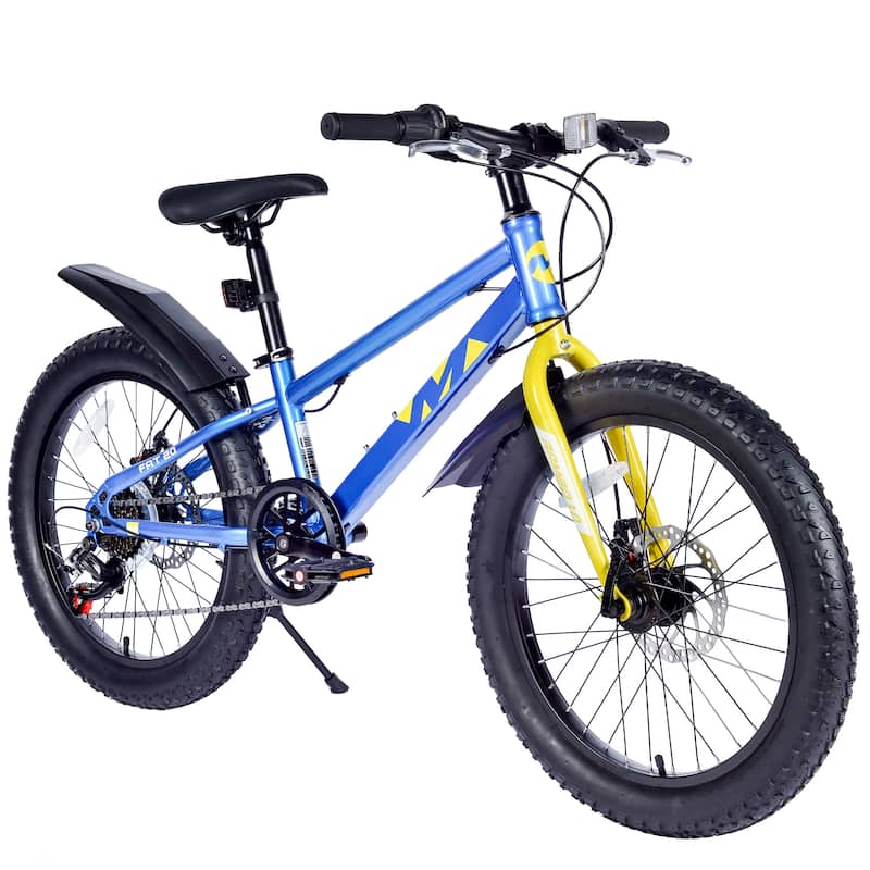 20 Inch Kids Bicycles Fat Tire Mountain Bike, Kids Beach & Snow Bicycle with Dual-Disc Brake & Shimano 7-Speed for Boys & Girls - Blue