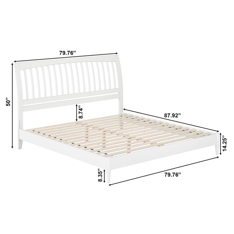 King Size Wood Platform Bed - Low Profile Sleigh Bed Frame - Modern Bedroom Furniture in White