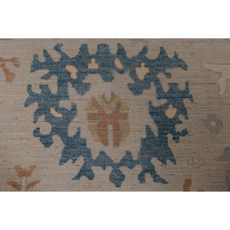 Vegetable Dye Oushak Turkish Rug Hand-Knotted Beige Wool Carpet - 12'6" x 14'9"