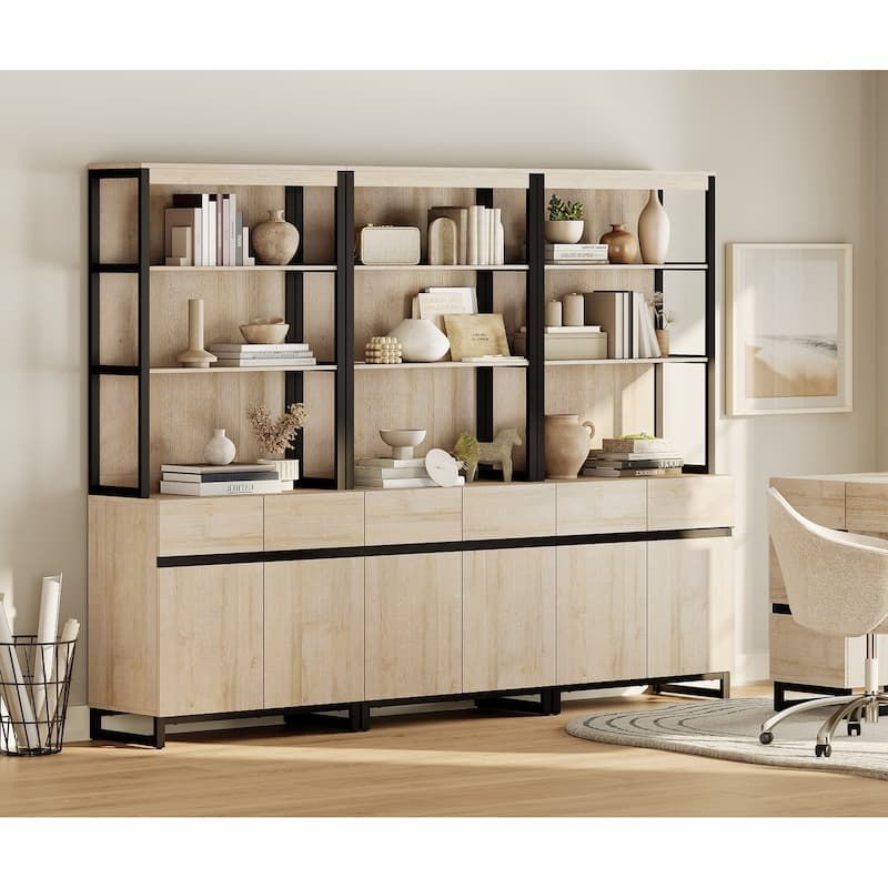 WAMPAT Modern 72" Tall Bookcase with Metal Base and Adjustable Shelves, Library Book Shelf with Storage Cabinet - 3 Piece - Beige