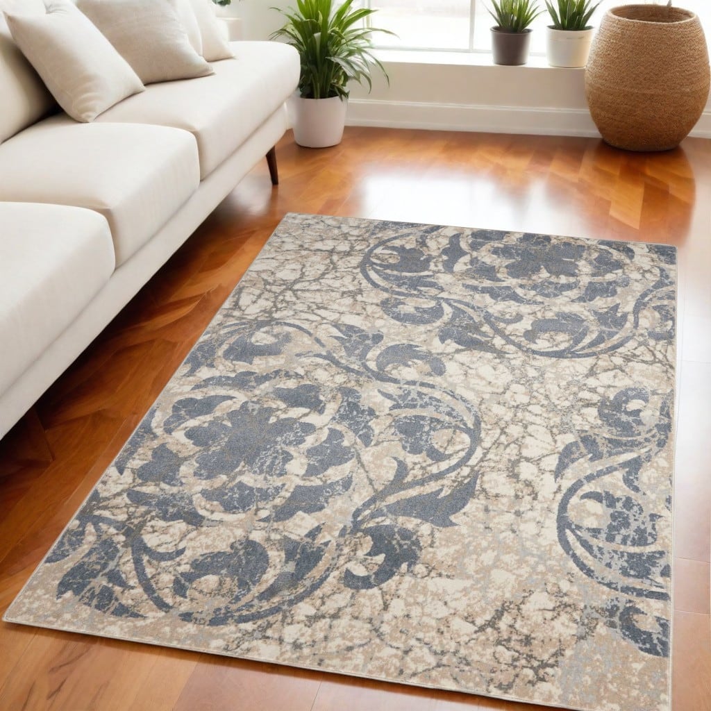 Kawup Distressed Floral Traditional Modern Non Skid Stain Resistant Area Rug By HomeRoots - 87' X '63' X '0.5
