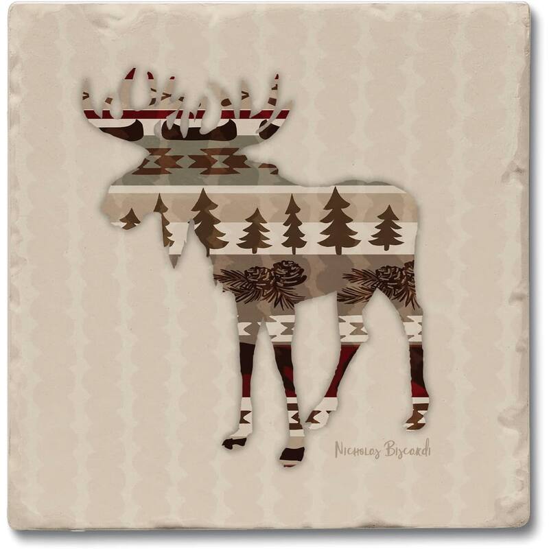 Patterned Moose 4-Pack Absorbent Stone Tumbled Tile Coasters with Protective Cork Backing 4" in The USA Easily Wipes Clean - Multi