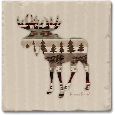 Patterned Moose 4-Pack Absorbent Stone Tumbled Tile Coasters with Protective Cork Backing 4" in The USA Easily Wipes Clean