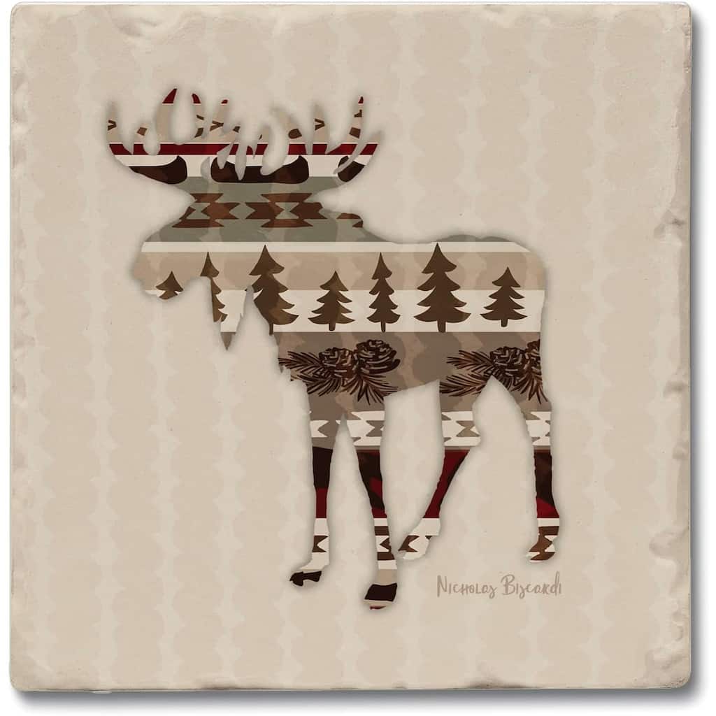 Patterned Moose 4-Pack Absorbent Stone Tumbled Tile Coasters with Protective Cork Backing 4" in The USA Easily Wipes Clean