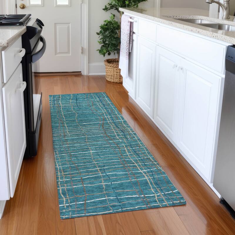 Machine Washable Indoor/ Outdoor Modern Century Chantille Rug - Teal - 2'3" x 7'6"