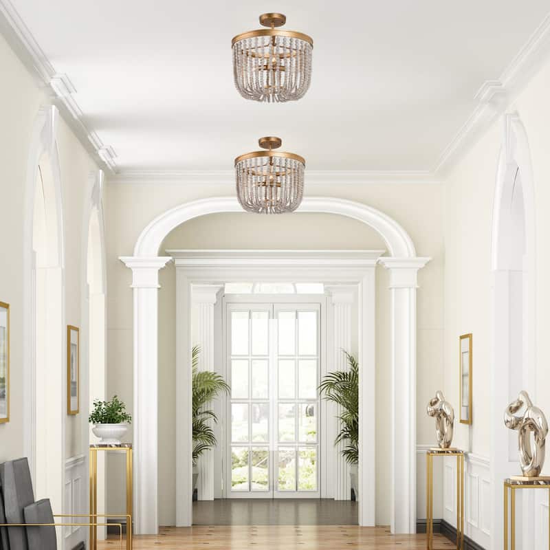Cotia Boho Modern Glam 3-Light Wood Beads Semi-flush Mount Ceiling Lights Gold Chandelier - D14"*H15.5"