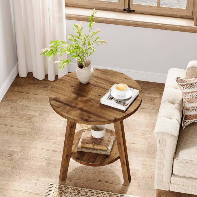 2-Tier Solid Wood Side Table, Circular End Table, Rustic Bedside Table