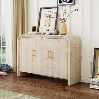 Wood Textured Curved Sideboard Storage Cabinet with Gold Handles