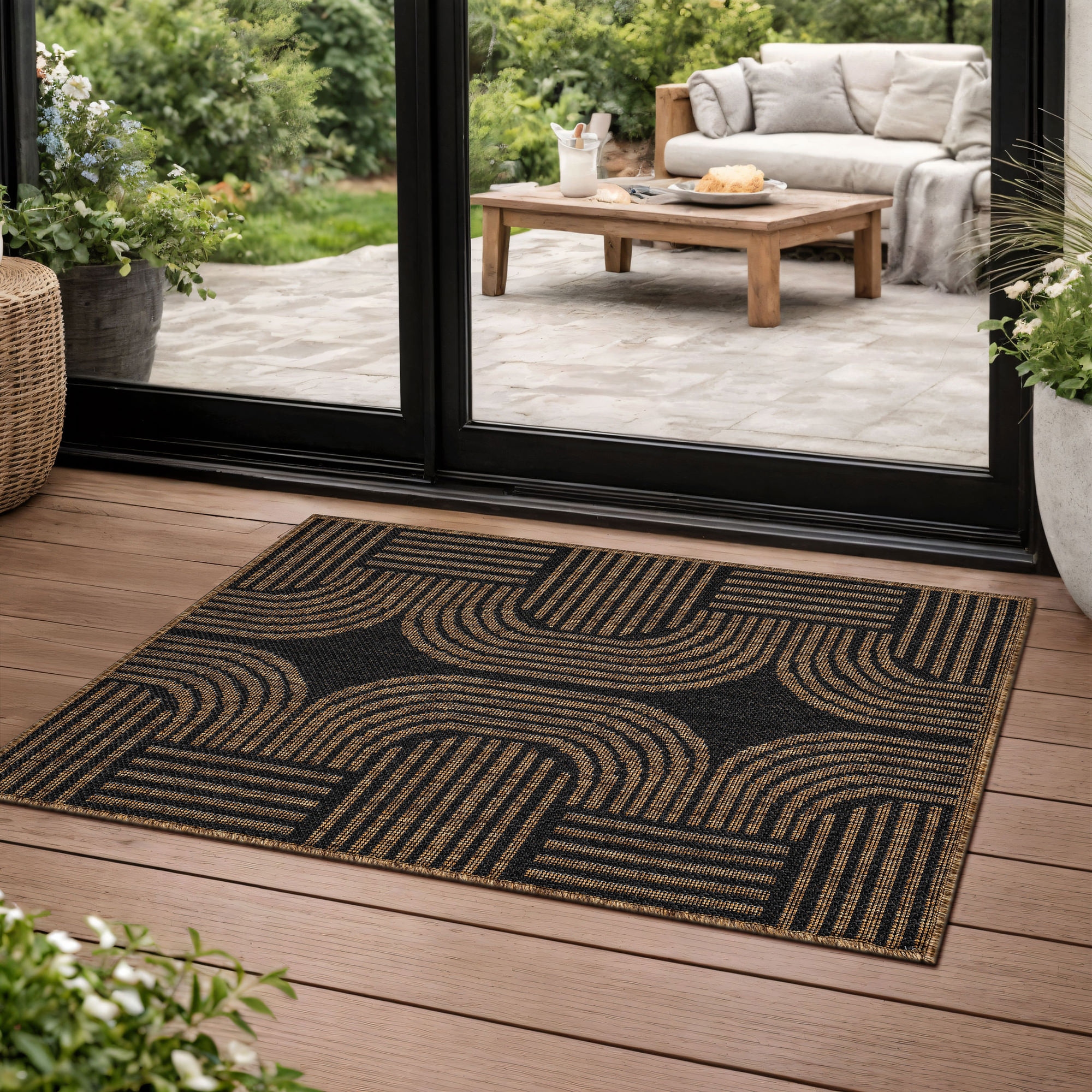 World Rug Gallery Geometric Indoor/Outdoor Flat Woven Area Rug - Natural Jute-Style, Easy-Care Patio Rug for Balcony Patio Deck - Dark Gray - 2' x 3'