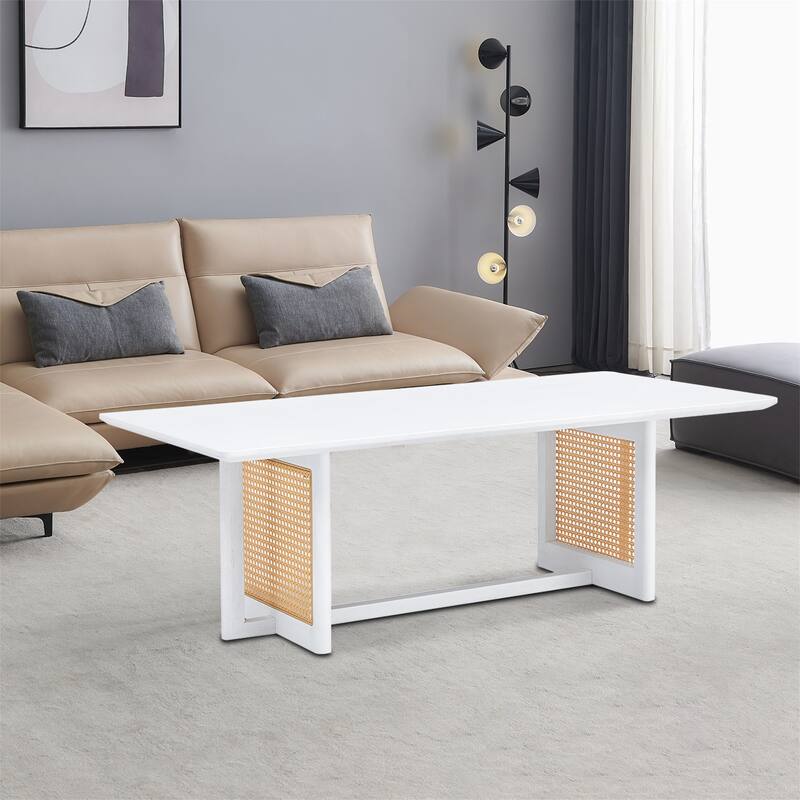 Modern Farmhouse Style Wooden Coffee Table with Imitation Rattan Decoration - White