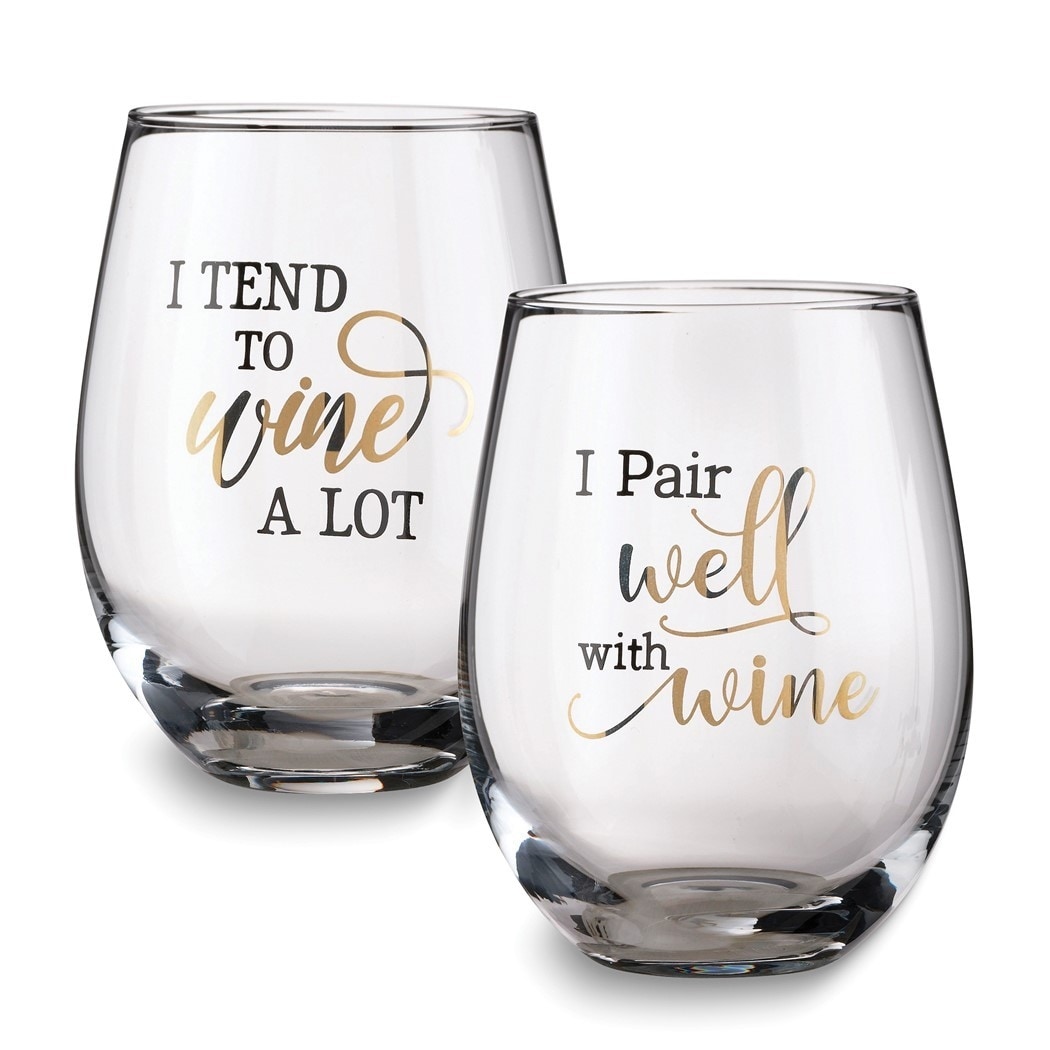 Curata Lillian Rose Wine A Lot Set of 2 Stemless Wine Glasses with Assorted Sayings - White