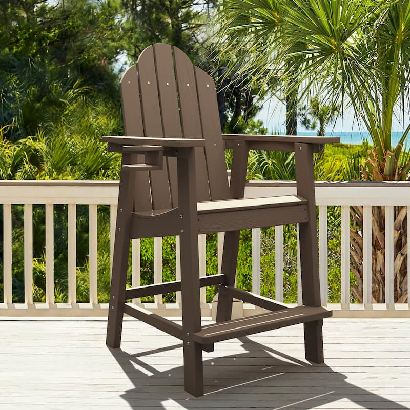 LUE BONA All Weather Plastic Outdoor Bar Stool Adirondack Chairs Bar Height Arm Chairs with Cup Holder for Balcony, Deck, Patio - Brown