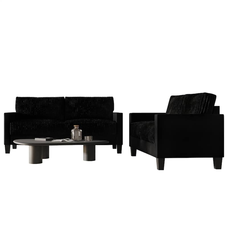 CraftPorch Corduroy Mid-Century Modern Velvet Upholstered 2-Piece Living Room Set - Black