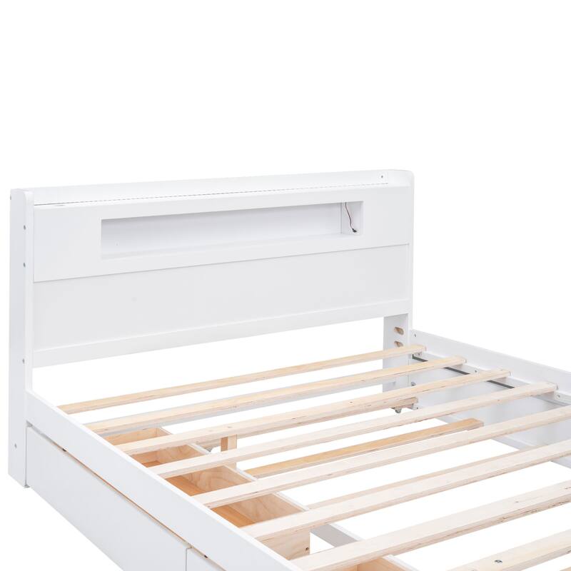 Queen Size Platform Bed with LED Headboard & 2 Drawers & Trundle, White