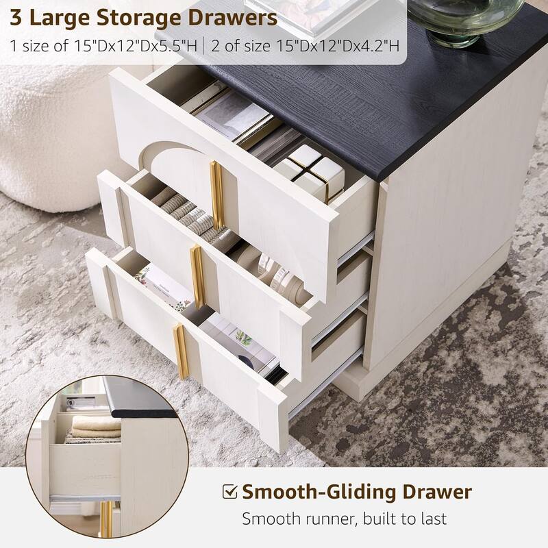 Modern Arched 3 Drawers Nightstand with Charging Station, Side Table