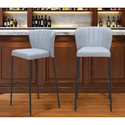 Set of Two 29" Gray And Black Faux Leather And Steel Bar Height Bar Chairs